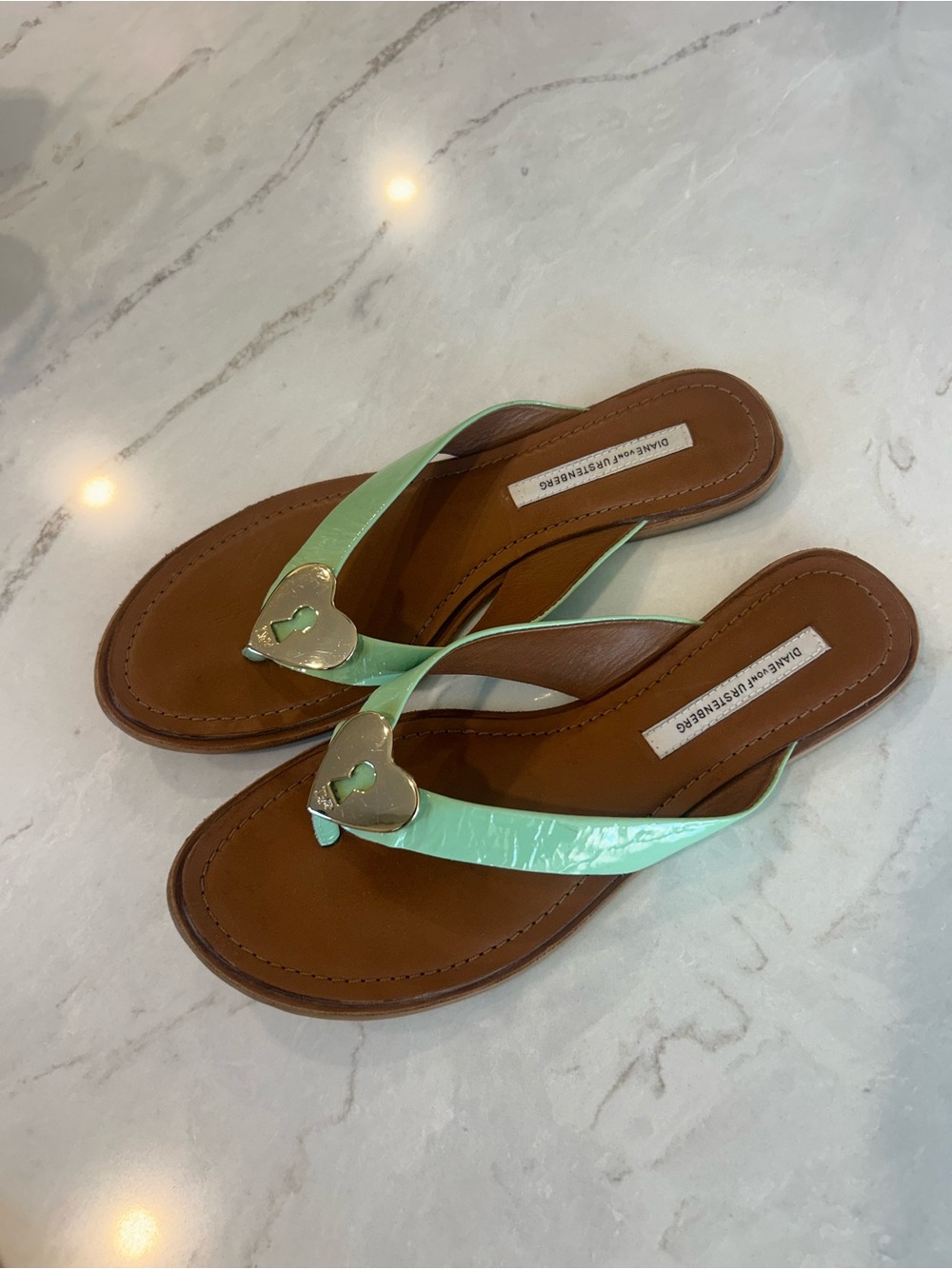 Diane Von Furstenberg Mint Patent Leather Thong Sandals with Heart Accent - Picture 10 of 10
